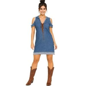 634-Blue denim dress with lace up detailing and cut out neckline #fairy #grunge